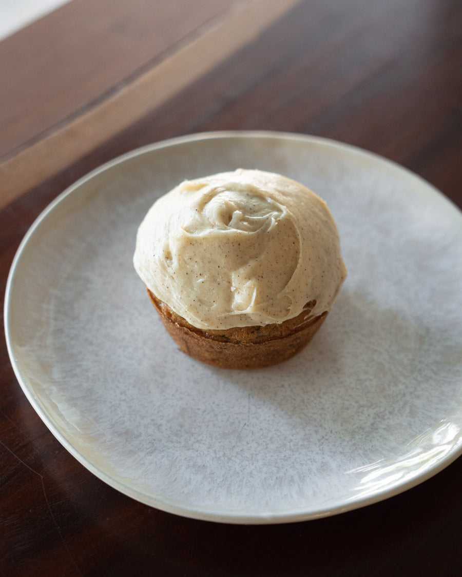 Local Zucchini Muffin with Brown Butter Poppy Seed Cream Cheese Frosting